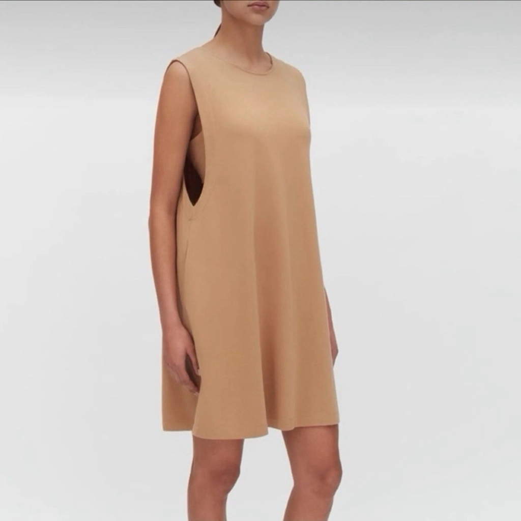 Cuyana Drape Back Mini Dress Sleeveless Camel Sm Pockets Pima Cotton Minimalist
